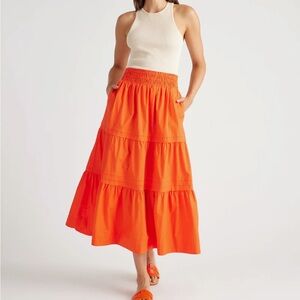 Quince 100% Organic Cotton Tiered Maxi Skirt vermillion red orange XS